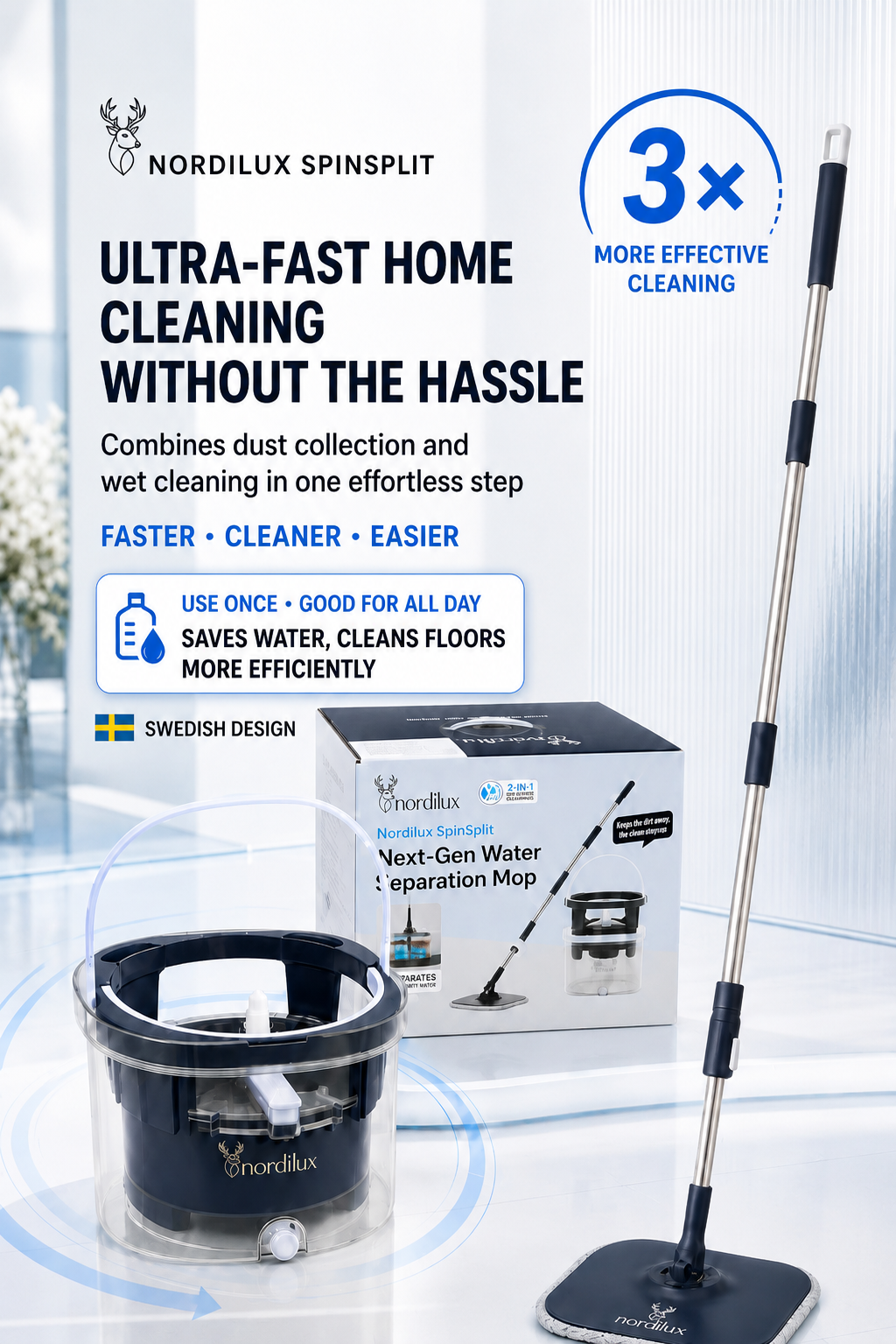 NORDILUX NDL6008 Centrifugal Water-Separation Spin Mop System | Crystal-Clear Bucket with Elegant Design